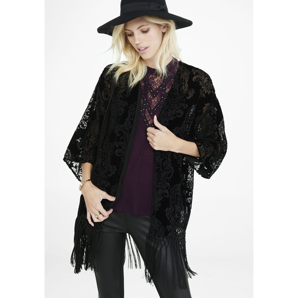Express floral velvet burnout fringed kimono
